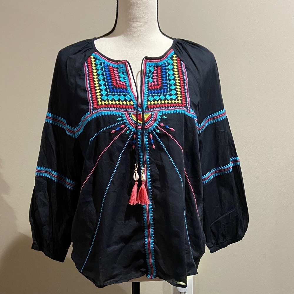 Seafolly Black Boho Blouse with Colorful Embroidery String Tassels, V-neck Sz S